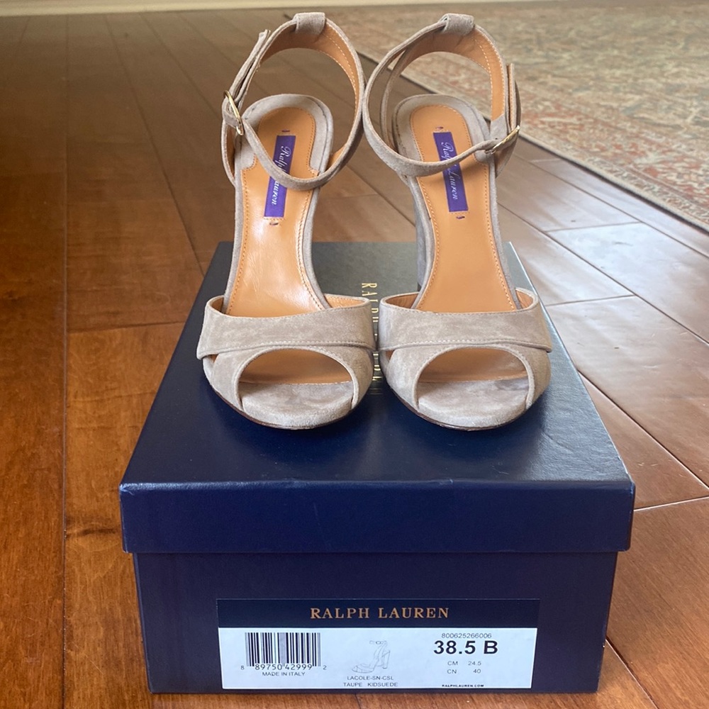 Taupe suede open toe pumps